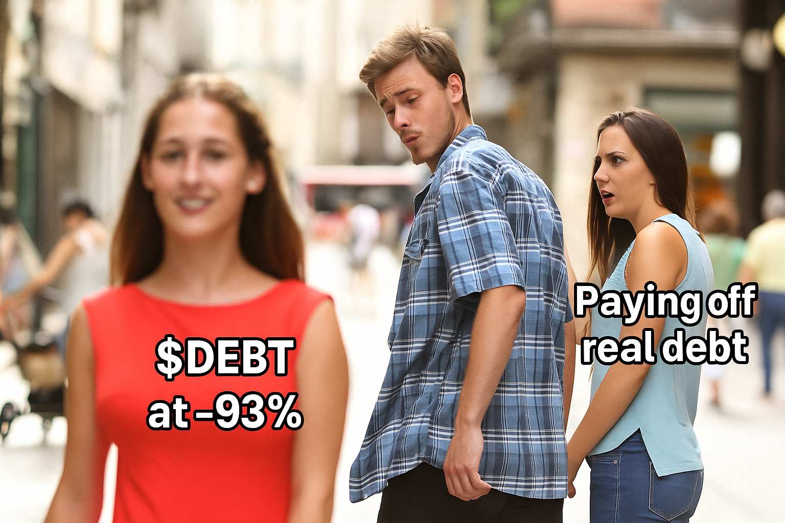 Distracted boyfriend meme: Choosing $DEBT community over TradFi bills